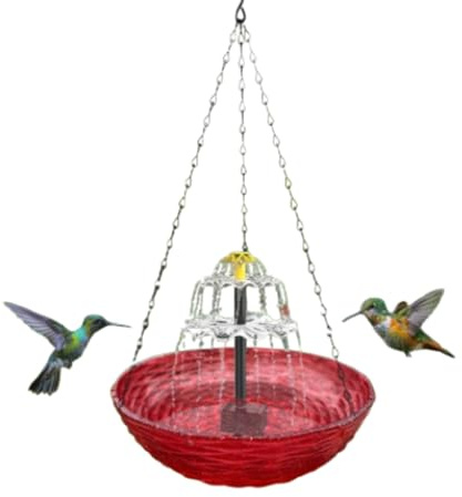 Beufee Hanges Vogelbad mit Solarbrunnen, Kunststoff hängende Solarwasser -Bubbler -Brunnen für Kolibri Vogelbadebadung für Gartenbalkon Veranda im Freien (Rot)