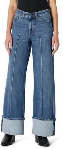 Amazon Essentials Jeans a Vita Alta e Gamba Larga con Risvolto Donna, Blu Medio Vintage, 54