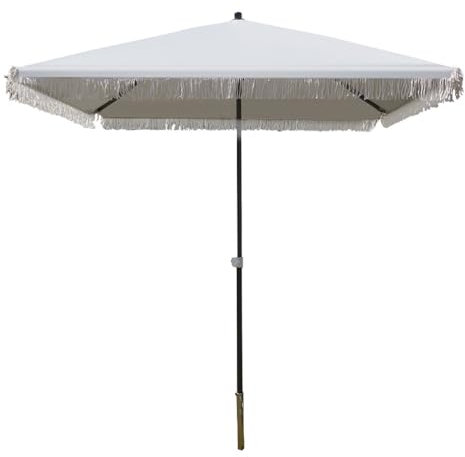 Premium 2x2m Outdoor Terrassenschirm mit Fransen, stilvolles Strandüberdachung, tragbarer Gartenschirm für Balkon, Pool, Café, Markt, elegantes weißes Design