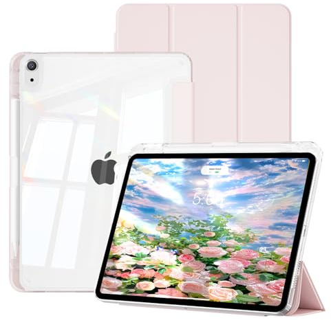 GKABXY Case for iPad Air 11 Inch (M4/M3/M2) 2026/2025/2024, iPad Air 5th/4th Generation (2022/2020) 10.9 Inch with Pencil Holder, Clear Transparent Back Shockproof Cover, Auto Sleep/Wake, pink