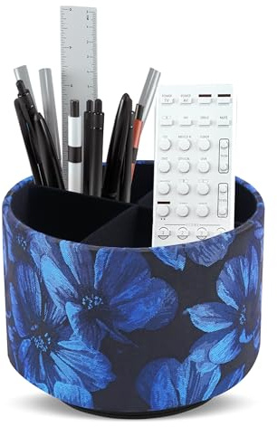 Czzmy Organiseur rond en cuir pour fournitures artistiques, support de télécommande, rotation à 360 degrés, porte-crayons multifonctionnel, 4 compartiments (1 bleu dahlia)
