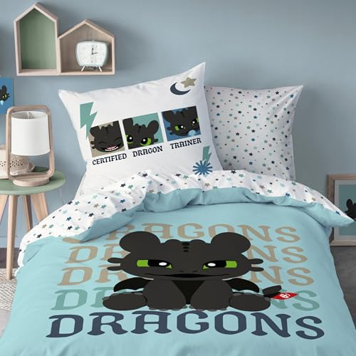 MTOnlinehandel Dragons bed Toothless Children's Linen 135 x 200 cm + 80 x 80 cm - 100% Cotton - Reversible Motif - Boys Bedding Set - Zip - Gift Idea