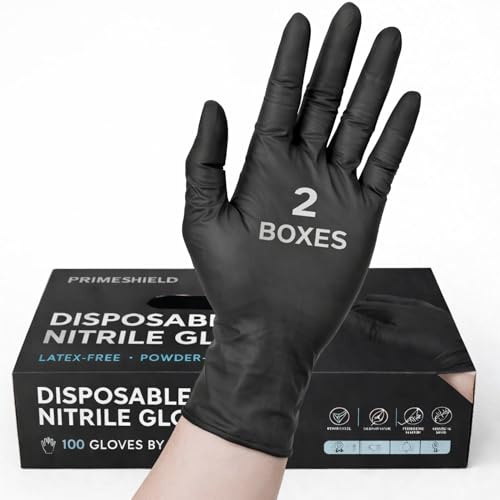 MEDITOP 200 guantes desechables de nitrilo negro, sin polvo, sin látex, multiusos, para uso industrial, mecánico, cabello y belleza, alimentos, limpieza (200 guantes, XL)