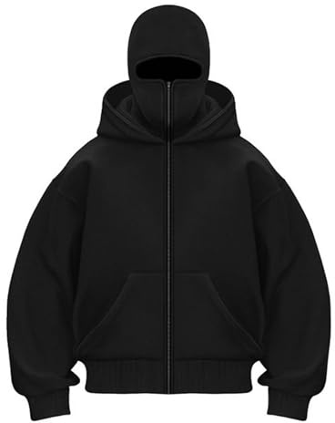 Generisch Balaclava Hoodie Herren Ninja Kapuzenpullover mit Gesichtsmaske Sturmhaube Full Zip Oversized Y2K Mask Jacke Winter Sweatshirt und Tasche Warme Übergangsjacke Winterjacke Hoody mit Kapuze
