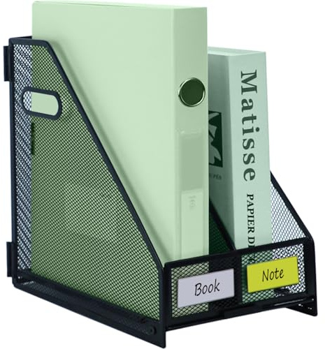 IOUGDSEC Portadocumenti A4 con manico, 2 scomparti verticali, organizer per libri, in rete metallica resistente, per ufficio, scuola e casa, nero