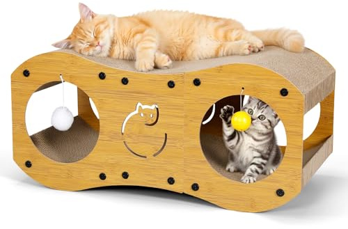 Gimars Rascador para Gatos 3 en 1 con Túnel, Rascador de Cartón para Gatos con Pelotas, Protección de Muebles, Estilo Madera, Natural