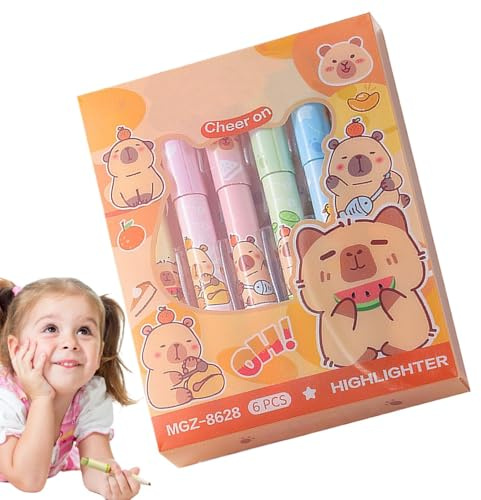 Genérico Resaltadores Capybara - Punta de cincel, rotuladores de colores surtidos sin sangrado, juego de 6 | Lindos bolígrafos resaltadores para niños para diario, agenda, notas y útiles escolares