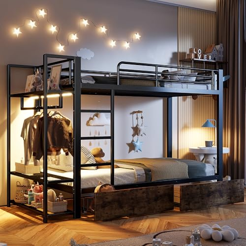 Kinderbett Etagenbett 90x200, LED Metallbett Hochbett mit Kleiderstange & Lagerregal & 2 Schubladen, Bettgestell mit Rausfallschutz & Lattenrost, Funktionsbett Doppelbett Jugendbett Stockbett,Schwarz