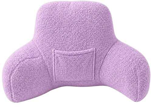 Dolce Vari Teddy Fleece Reading Pillow Soft Cosy Backrest Cushion with Arm Support Pocket Comfortable Lounge Bed Chair Support Pillow (Lilac)
