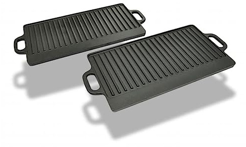 Ziaphsol Set di 2 piastre reversibili in ghisa, superficie di cottura 38 x 23 cm, su entrambi i lati, liscia e scanalata, per grigliare, bistecca, arrostire in giardino, fornello all'aperto