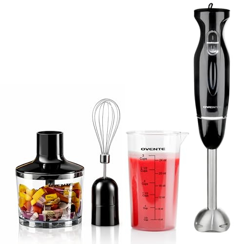 OVENTE Immersion Hand Blender Set, 300W Electric Handheld Stick Mixer, 2 Mixing Speeds with Stainless Steel Blades, Egg Whisk, Beaker & BPA-Free Food Chopper, Black HS565B