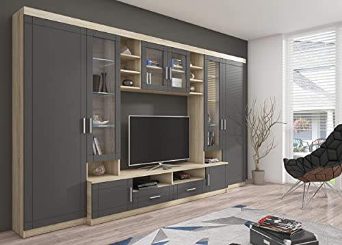 Wohnwand Paris Anbauwand Wohnkombi Wohnzimmer MDF Grau+ Sonoma Eiche matt
