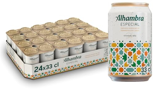 Alhambra Especial, Pack 24 Latas x 33 cl, Cerveza Especial de Fermentación Lenta, 5.4% Volumen Alcohol