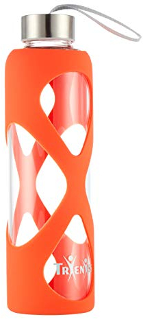 Trienics 550ml Glass Water Bottle, Eco-Friendly Borosilicate Glass Sports/Travel Water Bottle with a Non-Slip Silicon Sleeve, Stainless Steel leak-proof cap, BPA-Free, no Plastic (Orange)
