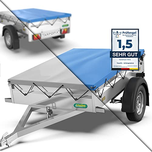 Tarpofix® Anhänger Plane 217x117 cm inkl. Planenseil | Anhängerplane Flachplane aus PVC PLANENMATERIAL | Verstärkte Unsinn Hänger Abdeckplane für 750kg PKW Autoanhänger | Abdeckung Blau