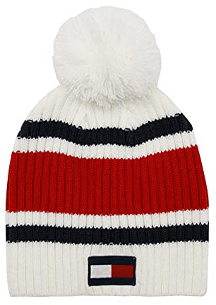 Tommy Hilfiger Girls Pom Pom Hats, White Striped, One Size