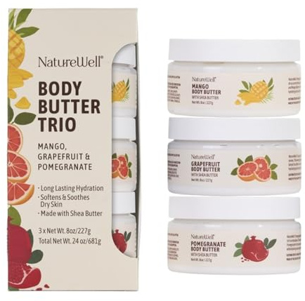 NATURE WELL Shea Body Butter Variety Pack, Includes Grapefruit, Mango, & Pomegranate, Provides Ultimate Nourishment & Hydration, 3 Pack (8 Oz Ea)