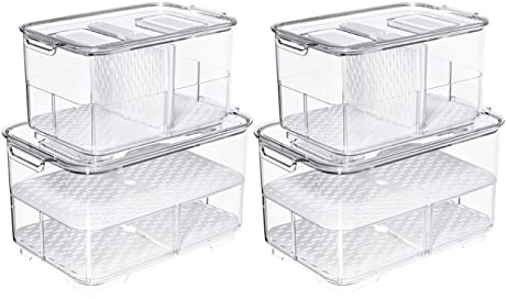 SANNO Fridge Produce Saver Storage Vegetable Fruit Food Container Stackable Refrigerator Organizer Bins Fresh Keeper Drawers, Set of 4, 9.2''Lx5.8''Wx4.8''H-2pack-10.8''Lx6.8''Wx5.7''H-2pack