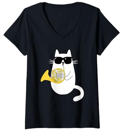 Femme Chat Drôle avec Lunettes de Soleil Musicien Cor d'harmonie T-Shirt avec Col en V