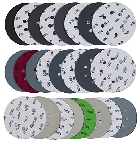 Aewio 48PCS 5 inch 8 Hole #320-#5000 Sanding Discs 320 400 600 800 1000 1200 1500 2000 2500 3000 4000 5000 Grit Wet Dry Sandpaper Compatible for Random Orbital Sanders (#320-#5000 Grit Each 4PCS)
