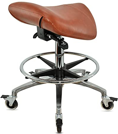 VAKON SALON - Sattelhocker mit Neigung Hellbraun, Sattelstuhl, Rollhocker höhenverstellbar von 55-75 cm mit Fußring, Drehhocker, Praxishocker, Bürohocker, Arbeitshocker