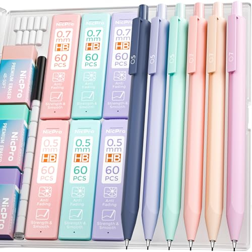 Nicpro 6 Stück Aesthetic Pastell Druckbleistift Set, 0,5 & 0,7 mm Minenbleistift, Niedliche Mechanische Bleistifte mit 12 Dosen HB Bleistiftminen & 3 Radiergummis, Girl School Schulsachen Coole Stifte