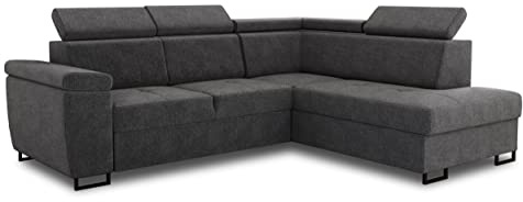 Sofnet Ecksofa Natan mit Schlaffunktion und einstellbare Kopfstützen - Wohnlandschaft mit Metallfüßen, Couchgarnitur, Bettkasten, Sofagarnitur, Sofa (Ecksofa Rechts, Dunkelgrau (Kronos 22))