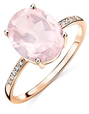 Orovi Damen Goldschmuck, Verlobungsring mit Rosenquarz Ring aus Roségold mit 10 Diamanten 0.04 ct und Solitaire Edelstein, Geburtsstein, 9K (375) Gold