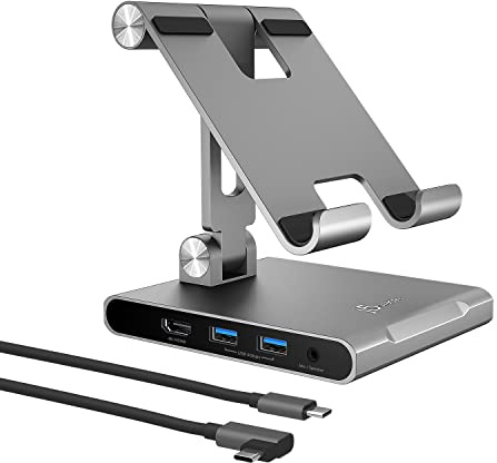 j5create Verstellbarer Tablet | USB Typ C Docking Station für iPad Pro / Air / mini: 4K60 HDMI, USB-A, 100W PD Charging, SD Card Reader (JTS224)