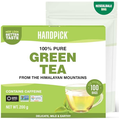 HANDPICK, Thé Vert, 100% Pur de l'Himalaya - 100 Sachets Ronds Écoresponsables - Non-OGM - Feuilles de Thé Verte 100% Pures - Mélange Caféiné - Scellé Sous Vide