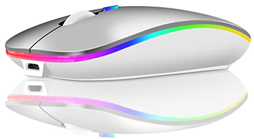 Bluetooth Maus kabellos (Bluetooth 5.1 + USB 2,4 GHz) LED Dual Mode- Wiederaufladbare Optische Office Funkmaus für Laptop MacBook Air Pro,iPad,PC,Computer,Desktop, mouse mit USB C Adapter (Silber)