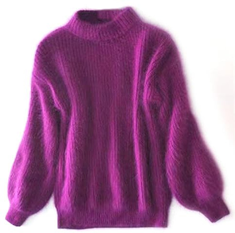 CHUSHEN Maglione da donna casual a coste in maglia a maniche lunghe con collo tondo tinta unita, maglione chunky a tinta unita in cashmere, maglione vintage in angora per donna (viola, taglia unica)