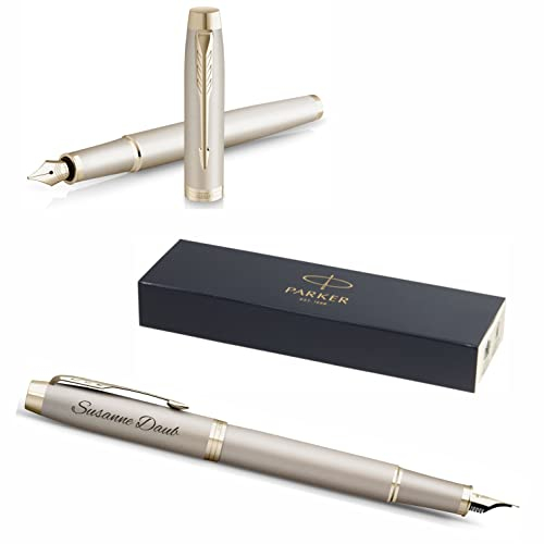 PARKER IM Monochrome Füllfederhalter mit Gravur | Premium Stift | Geschenkbox | blaue Pantrone | edel | personalisiertes Geschenk | Namen | graviert | Jahrestag | Geburtstag (Champagne)