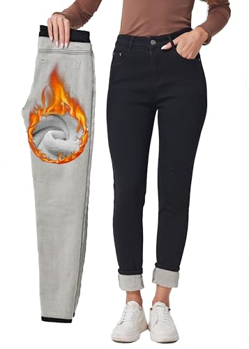 Fakanhui Pantalones de mezclilla térmicos de invierno con forro polar para mujer, Buttonzipper Black02, Medium