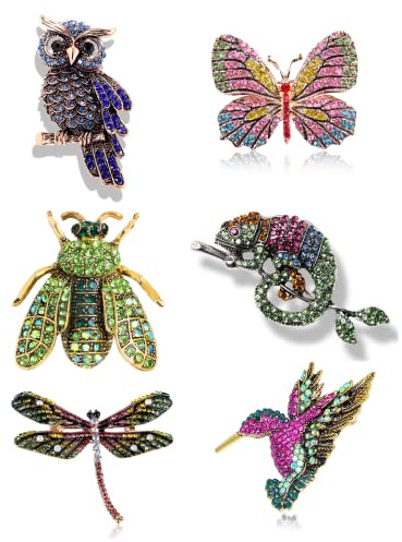 6 Pcs Women Brooches Bulk Set Rhinestone Colorful Animal Pin Crystal Vintage With Butterfly Owl Hummingbird Chameleon Dragonfly Brooch Pin Animal Shape Brooch Pins For Women Girls