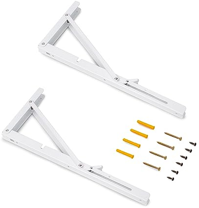 Emuca - Reggipiani pieghevoli, 403mm, Set di 2 staffe pieghevole per mensola a muro, carico max. 60kg, Verniciato bianco, Acciaio