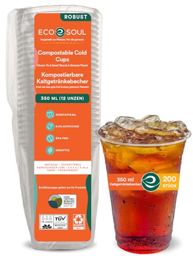 ECO SOUL 100% kompostierbare & biologisch abbaubare, transparente Partybecher | 200 Stück | 350 ml (12 Oz) | Einwegbecher aus pflanzlichem, umweltfreundlichem Material | Für Hochzeiten & Feiern