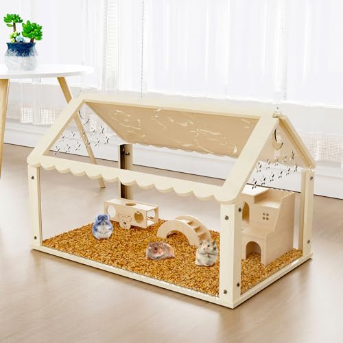Hamsterkäfig Holz mit Acryl, Zwerghamsterkäfig, Kleintier-Lebensraum mit zu öffnender Oberseite, Mäusekäfig für Meerschweinchen, Chinchillas, Rennmäuse, Syrischer Hamster (61 cm)