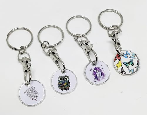 JRose Collections UK Shopping Trolley Token Keyring – 4 Assorted Designs | Reusable Coin Replacement for Trolley | Convenient Keyring with Clip | Eco-Friendly Alternative to Pound Coins