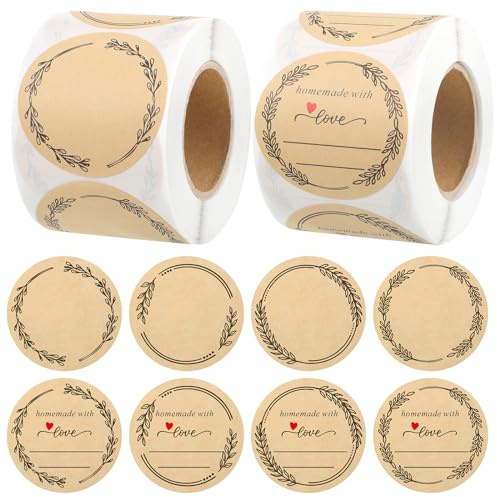 600 Pcs Canning Labels 2 Label Stickers for Jars, 8 Design Wreath Homemade with Love Stickers, Round Kraft Sticker Labels for Food Containers Lids Bottle Labels