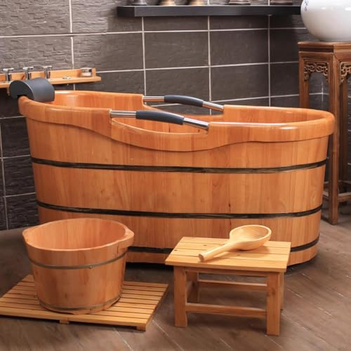 MegLob Moderne Holzbadewanne, Klassische Massive Holzbadewanne, Freistehende Eiche-Badewanne Mit Pop-Up-Abfluss, Zeitgenössische Holzwanne Mit Innerem Hölzernen Sessel,150cm/59.05
