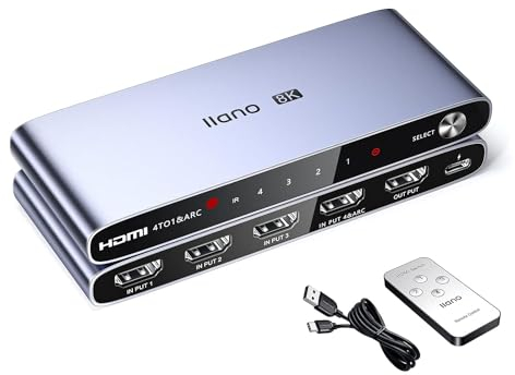 llano HDMI 2.1 Switch 8K@60Hz 4K@120Hz Auto Switch 4 in 1 Out mit IR-Fernbedienung, Unterstützt ARC, CEC, HDCP 2.3, 3D, HDR10+ VRR ALLM für PS5 und Xbox