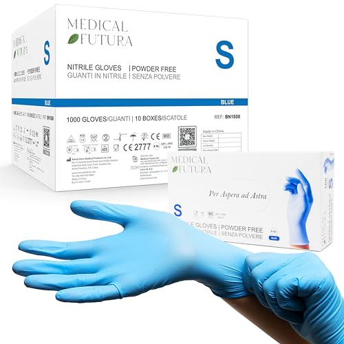 MEDICAL FUTURA - 1000 Guanti in Nitrile S Blu Monouso Anallergici Gr. 4.0, Senza Polvere, Senza Lattice, Ottimi per Estetisti, Tatuatori, Officine, Ambiti Medici e Manipolazione Alimenti (S, Blu)