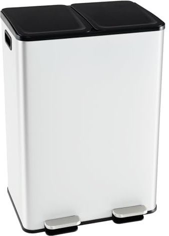 COSTWAY 60L Double Rubbish Bin, 2x30L Stainless Steel Recycle Pedal Kitchen Bin with Removable Buckets, Deodorizer Box, Soft Closure Flat Lid & 2 Handles, Airtight Waste Separation System (White)
