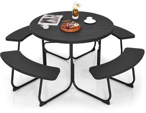 GYMAX Tavolo da picnic all'aperto, tavolo portatile con 4 panche e foro per ombrellone, set da tavolo da picnic rotondo per 8 persone per giardino e terrazzo， 190 x 76 cm (Nero)