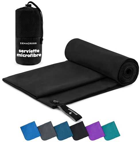 Zenacross mikrofiberhandduk med bärväska - Kompakt, snabbtorkande och absorberande sporthandduk Storlek L - 160 x 80 cm - Svart