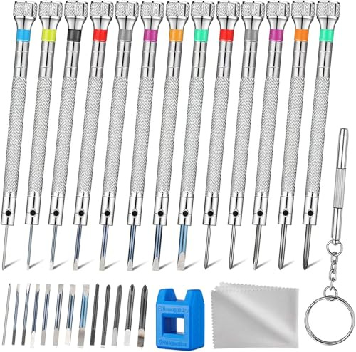 AOMISIV Lot de 13 tournevis de montre professionnels pour réparation de microprécision, avec 13 lames de rechange de 0,2 à 2,0 mm pour lunettes, lunettes de soleil, horloger bijoux, ordinateur,