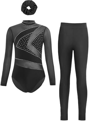 Miutii gymnastikdräkt för flickor, långärmad gymnastikdräkt, glitter, balettdräkt med byxor, hårband konståkning, kropp, sport, overall, jumpsuit, svart, 134/140 cm