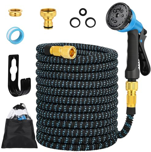 Tuyau d'Arrosage Extensible 30m avec 8 Modèles de Pulvérisation Convient aux Robinets de 1/2 et 3/4 Raccords en Métal Durables pour Nettoyage du Jardin, Laver la Voiture, Arroser (Bleu)
