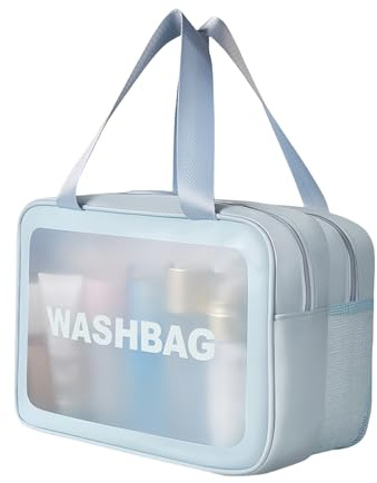 Large Clear Wash Bag, Dry Wet Segregation Toiletry Bag with Hollow Mesh Portable Makeup Bag PVC Waterproof Cosmetic Bag Travel Toiletries Bags for Women Men (Large-Blue)